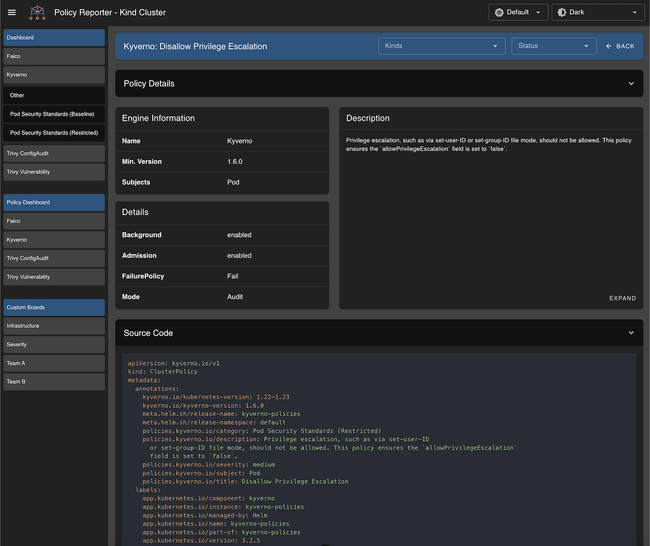 Policy Reporter UI with enabled Kyverno Plugin