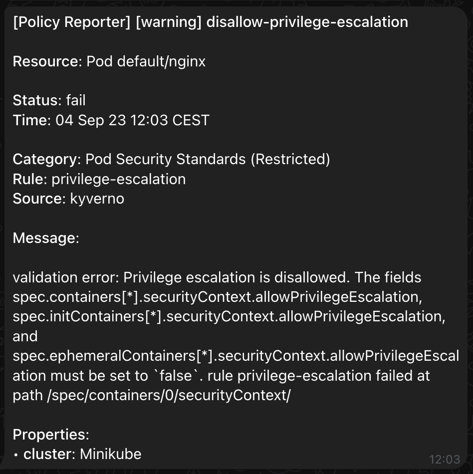 Telegram Notification for a PolicyReportResult